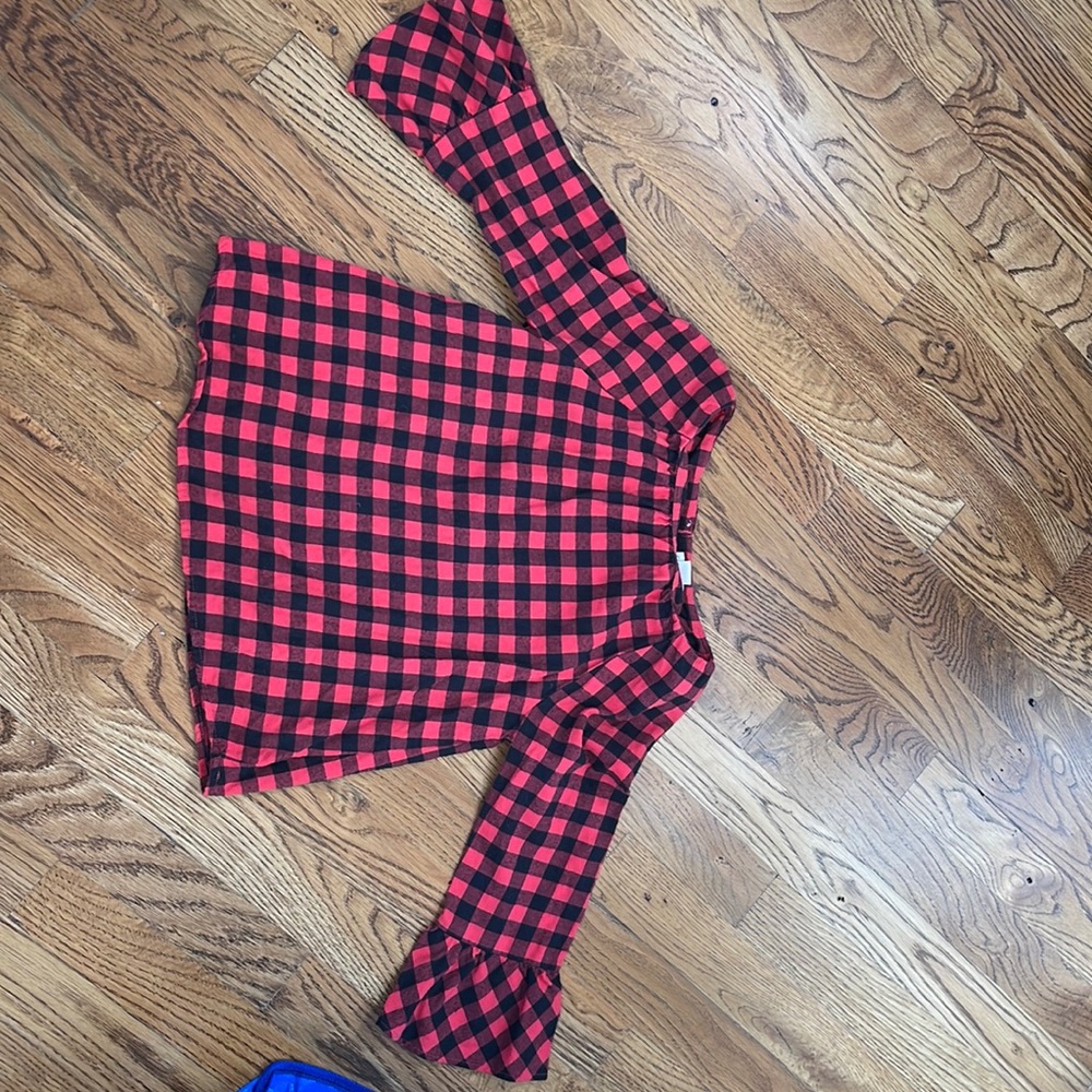 Red and black check blouse jcrew bell sleeves size 6-7